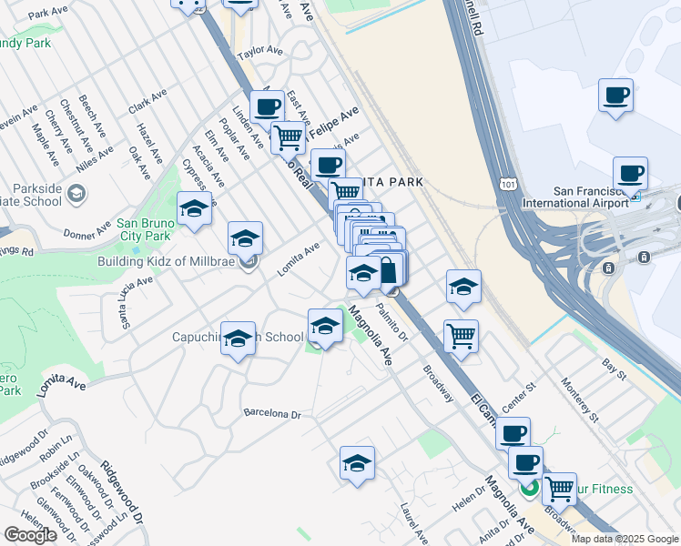 map of restaurants, bars, coffee shops, grocery stores, and more near 156 Park Place in Millbrae