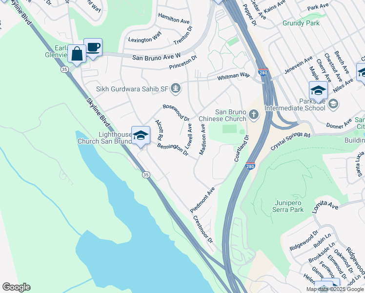 map of restaurants, bars, coffee shops, grocery stores, and more near 2331 Bennington Drive in San Bruno