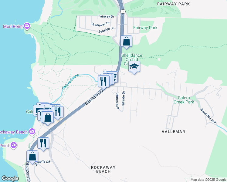 map of restaurants, bars, coffee shops, grocery stores, and more near 98 Franz Court in Pacifica