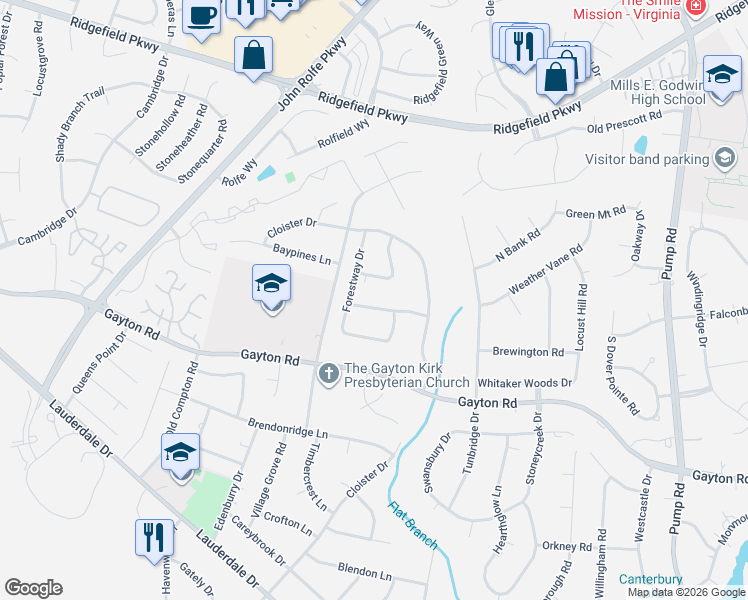 map of restaurants, bars, coffee shops, grocery stores, and more near 11408 Hilbingdon Road in Richmond