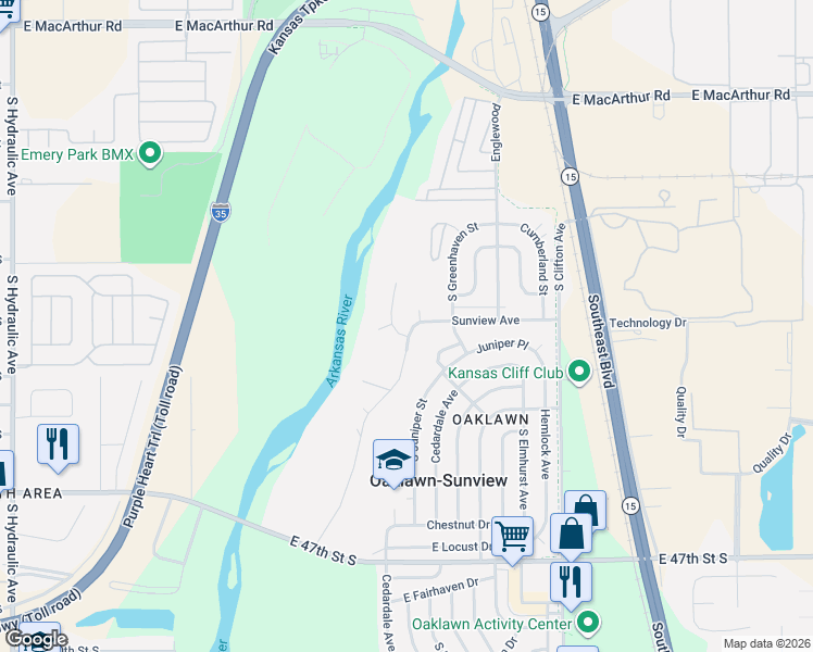 map of restaurants, bars, coffee shops, grocery stores, and more near 4433-4471 South Wood River Street in Wichita