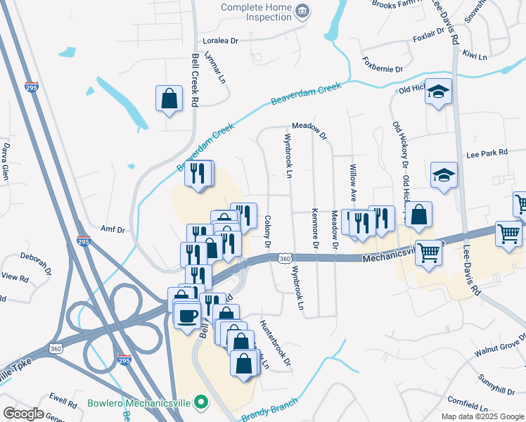 map of restaurants, bars, coffee shops, grocery stores, and more near 7222 Colony Circle in Mechanicsville