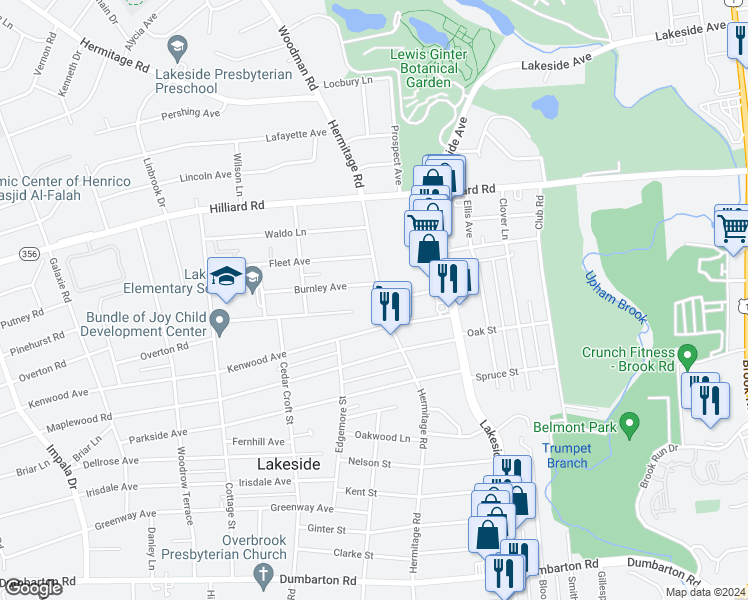 map of restaurants, bars, coffee shops, grocery stores, and more near 6100 Hermitage Road in Richmond