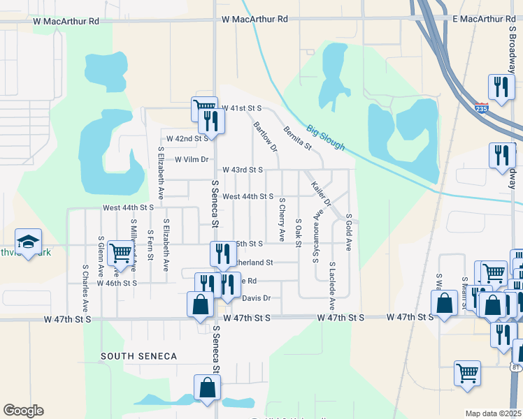 map of restaurants, bars, coffee shops, grocery stores, and more near 4546 South Handley Avenue in Wichita