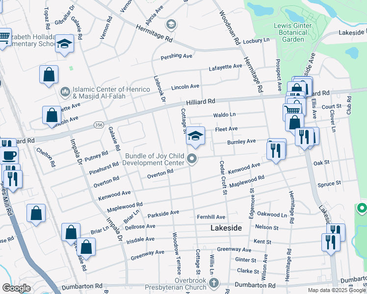 map of restaurants, bars, coffee shops, grocery stores, and more near 6708 Cottage Street in Richmond