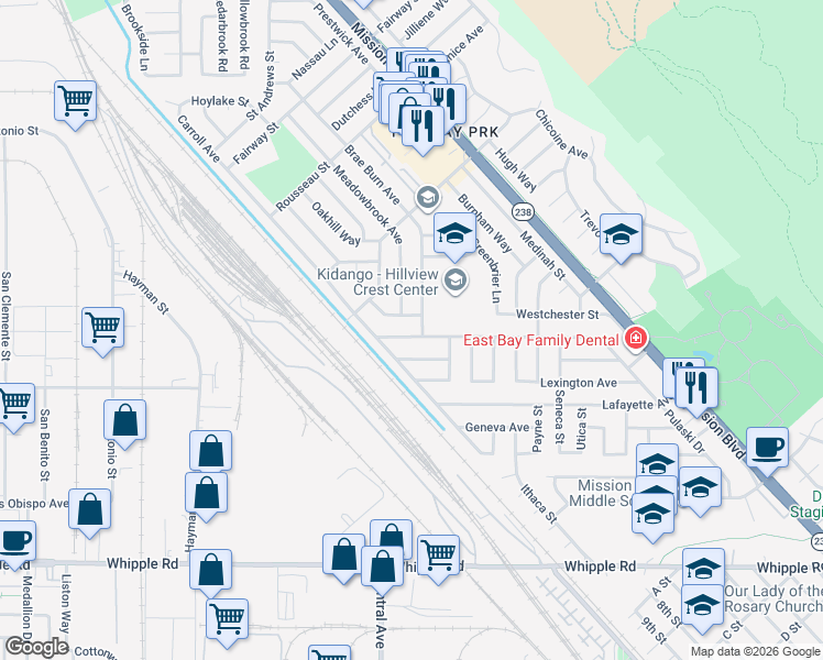 map of restaurants, bars, coffee shops, grocery stores, and more near 96 Revere Avenue in Hayward