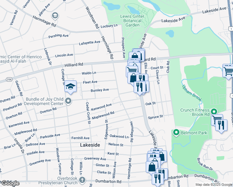 map of restaurants, bars, coffee shops, grocery stores, and more near 6100 Hermitage Road in Richmond