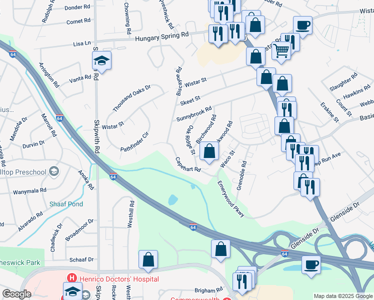 map of restaurants, bars, coffee shops, grocery stores, and more near 2412 Capehart Road in Richmond