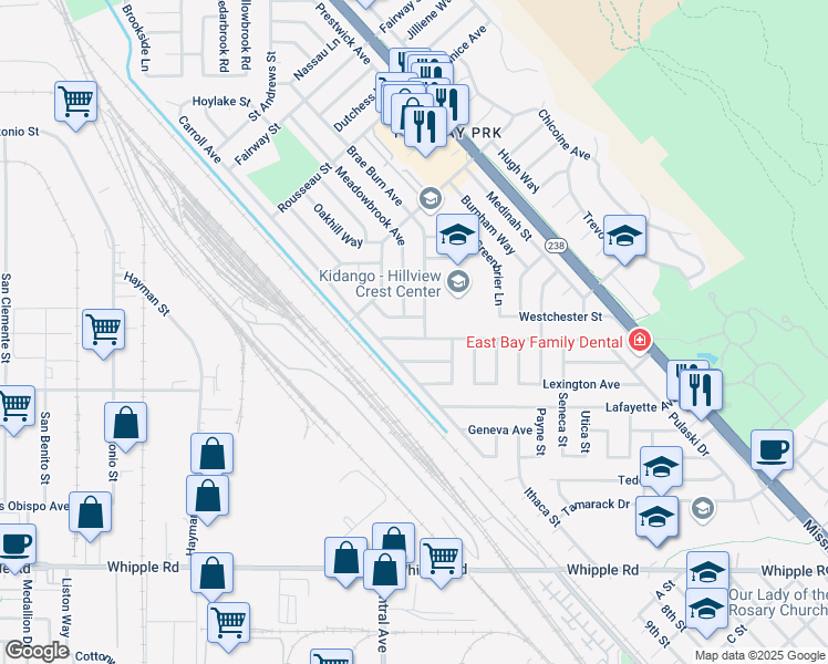 map of restaurants, bars, coffee shops, grocery stores, and more near 96 Revere Avenue in Hayward