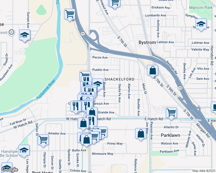 map of restaurants, bars, coffee shops, grocery stores, and more near 212 El Paso Avenue in Modesto