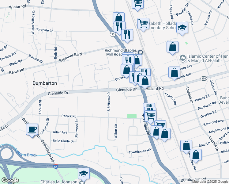 map of restaurants, bars, coffee shops, grocery stores, and more near 6912 Bellaire Street in Richmond
