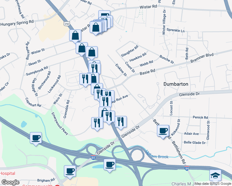 map of restaurants, bars, coffee shops, grocery stores, and more near 7209 Harrison Avenue in Richmond