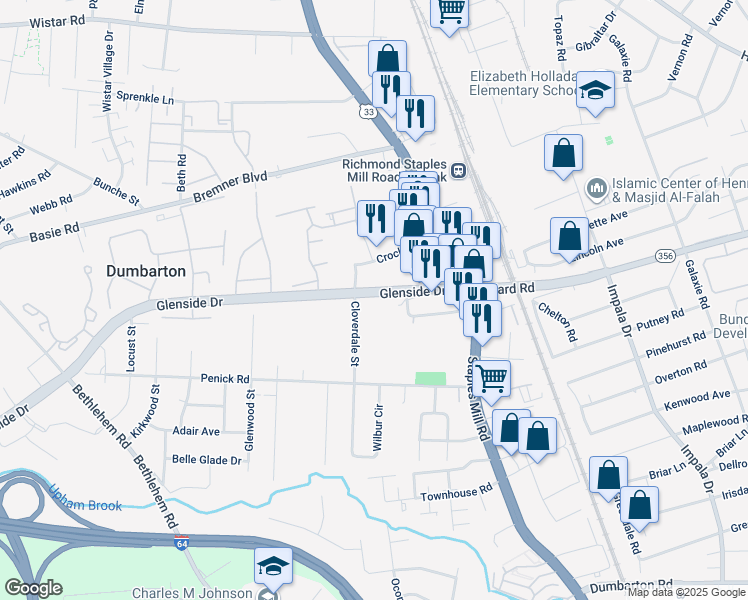 map of restaurants, bars, coffee shops, grocery stores, and more near 6912 Bellaire Street in Richmond