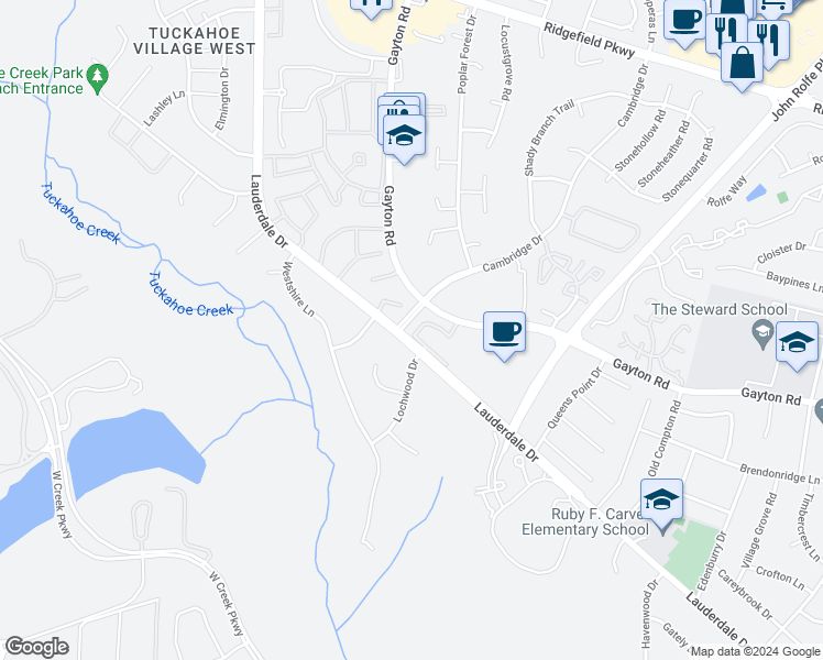 map of restaurants, bars, coffee shops, grocery stores, and more near 1700 Cambridge Court in Richmond