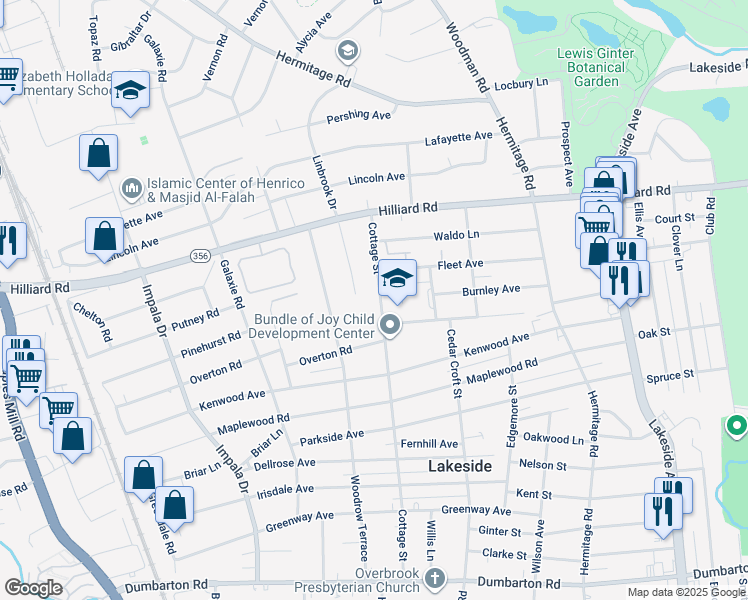 map of restaurants, bars, coffee shops, grocery stores, and more near 6708 Cottage Street in Richmond
