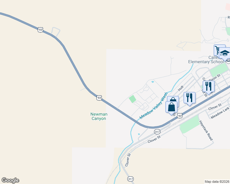 map of restaurants, bars, coffee shops, grocery stores, and more near U.S. 93 in Caliente