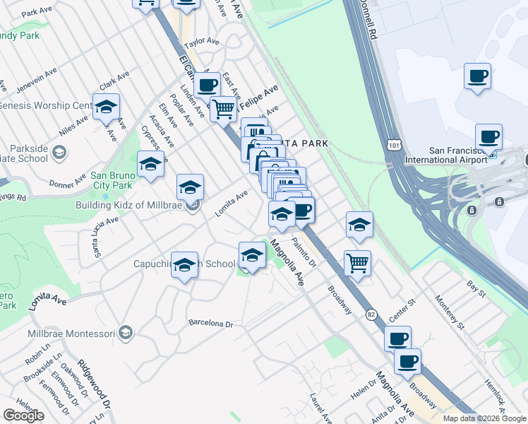 map of restaurants, bars, coffee shops, grocery stores, and more near 52 Linden Avenue in San Bruno