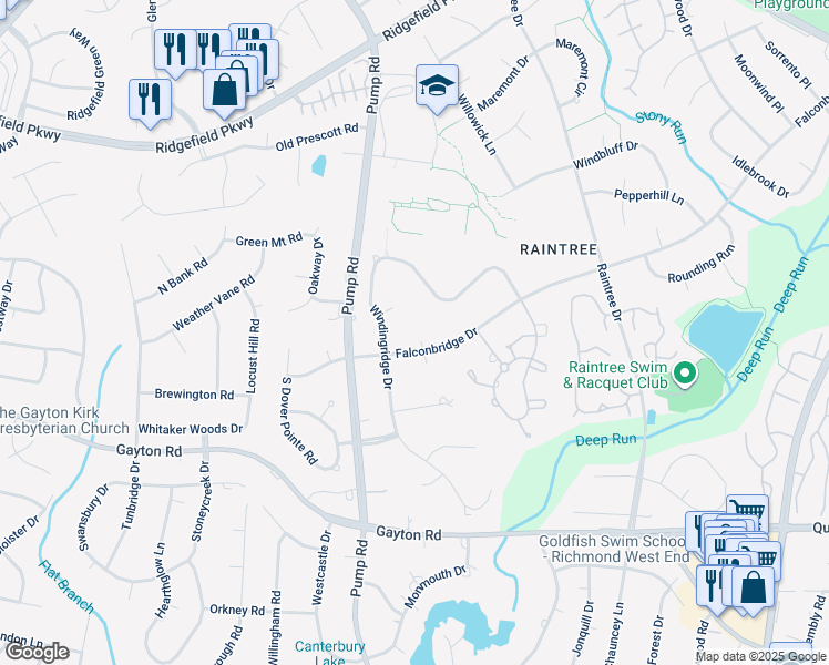 map of restaurants, bars, coffee shops, grocery stores, and more near 10504 North Falconbridge Court in Richmond