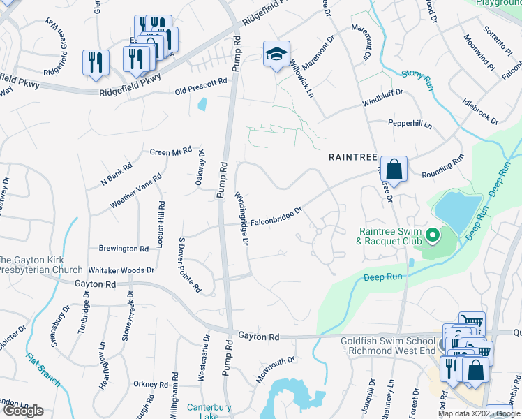 map of restaurants, bars, coffee shops, grocery stores, and more near 10504 North Falconbridge Court in Richmond