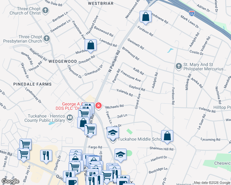 map of restaurants, bars, coffee shops, grocery stores, and more near 1903 Parma Road in Richmond
