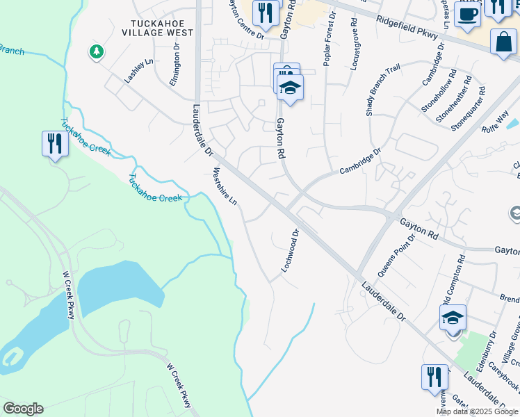 map of restaurants, bars, coffee shops, grocery stores, and more near 1606 Cranbury Drive in Richmond