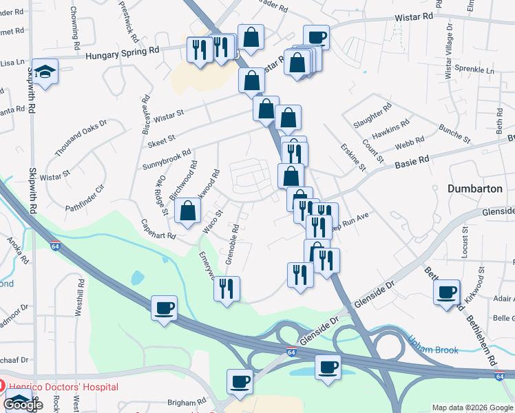 map of restaurants, bars, coffee shops, grocery stores, and more near 2665 Saint Elias Drive in Henrico