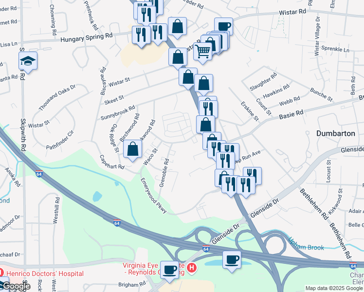 map of restaurants, bars, coffee shops, grocery stores, and more near 2659 Saint Elias Drive in Henrico