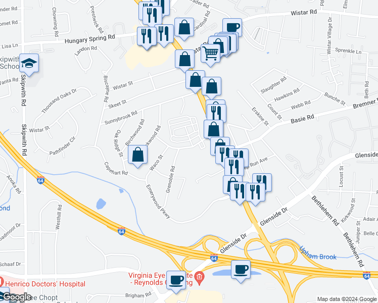 map of restaurants, bars, coffee shops, grocery stores, and more near 2600 Lassen Place in Henrico