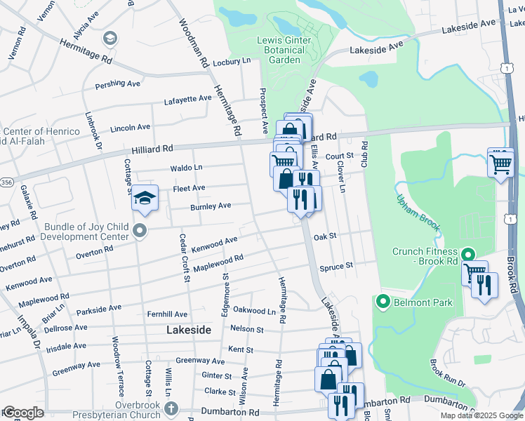 map of restaurants, bars, coffee shops, grocery stores, and more near 2106 Ingleside Avenue in Richmond