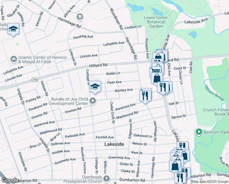 map of restaurants, bars, coffee shops, grocery stores, and more near 2505 Burnley Avenue in Henrico
