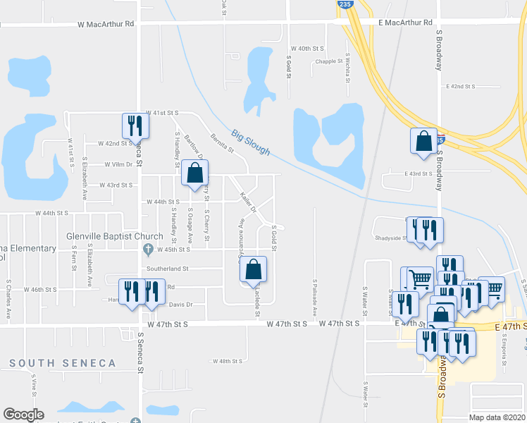 map of restaurants, bars, coffee shops, grocery stores, and more near 4500 South Kailer Drive in Wichita
