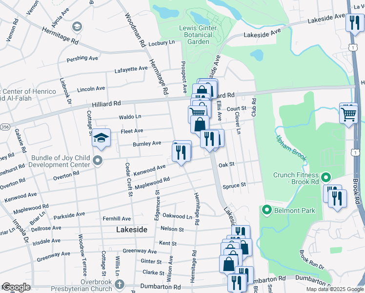 map of restaurants, bars, coffee shops, grocery stores, and more near 2106 Ingleside Avenue in Richmond