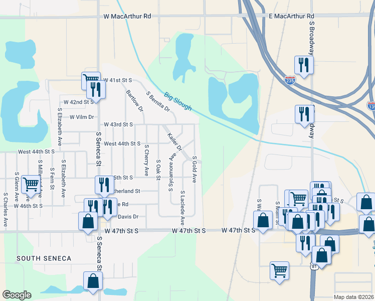 map of restaurants, bars, coffee shops, grocery stores, and more near 4532 South Gold Street in Wichita