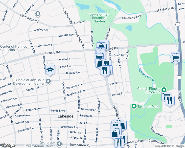 map of restaurants, bars, coffee shops, grocery stores, and more near 2110 Ingleside Avenue in Richmond