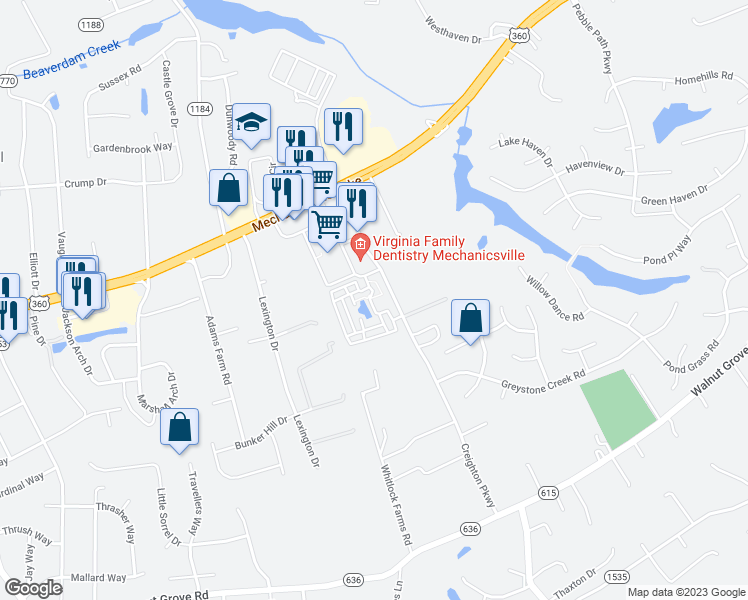 map of restaurants, bars, coffee shops, grocery stores, and more near 7470 Pebble Lake Drive in Mechanicsville