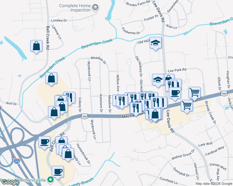 map of restaurants, bars, coffee shops, grocery stores, and more near 7980 Willow Avenue in Mechanicsville