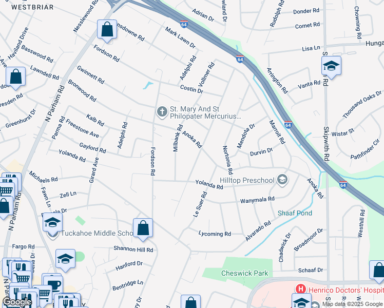 map of restaurants, bars, coffee shops, grocery stores, and more near 2012 Fon Du Lac Road in Richmond