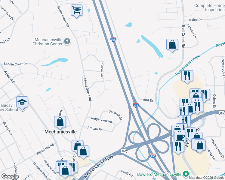 map of restaurants, bars, coffee shops, grocery stores, and more near 7411 Cindy Court in Mechanicsville