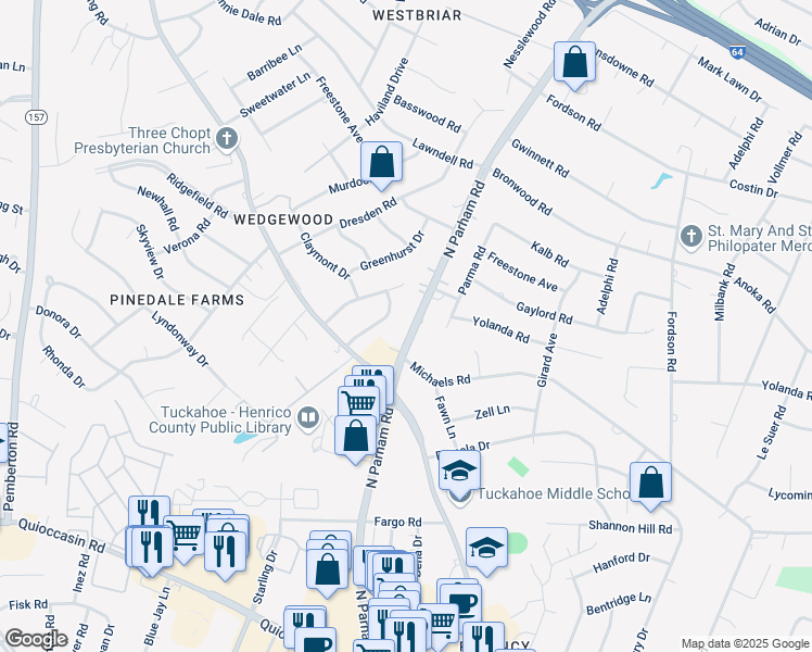 map of restaurants, bars, coffee shops, grocery stores, and more near 1912 North Parham Road in Richmond