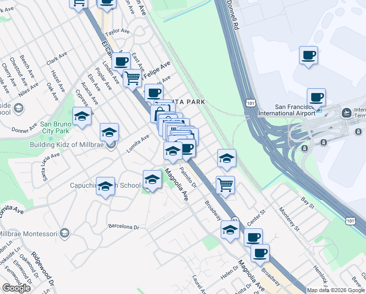 map of restaurants, bars, coffee shops, grocery stores, and more near 1650 El Camino Real in San Bruno