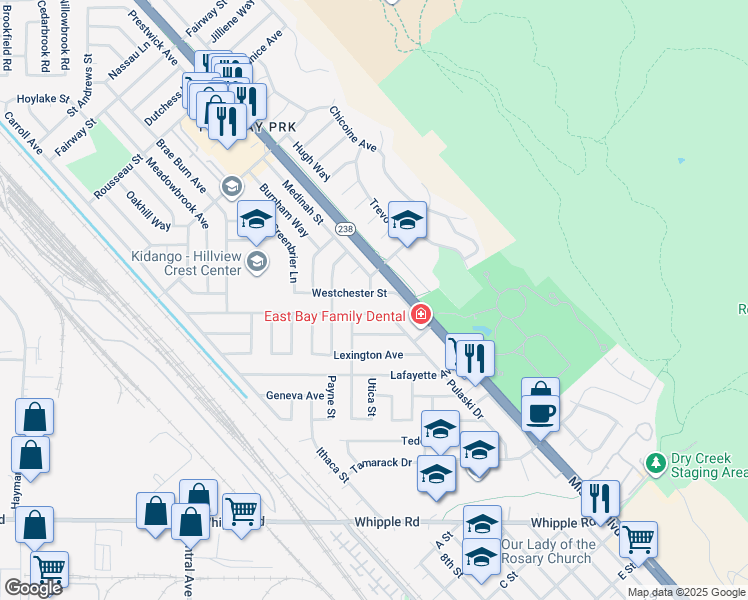 map of restaurants, bars, coffee shops, grocery stores, and more near 464 Westchester Street in Hayward