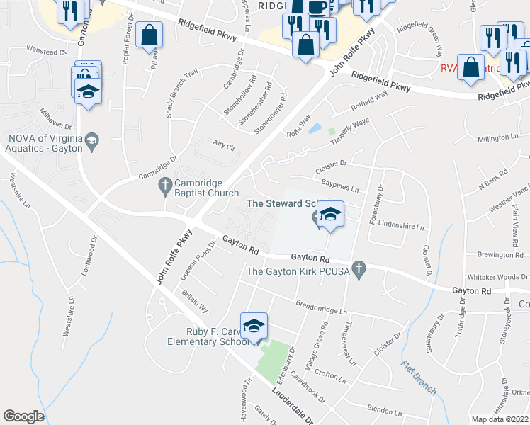 map of restaurants, bars, coffee shops, grocery stores, and more near 11821 Coat Bridge Lane in Richmond