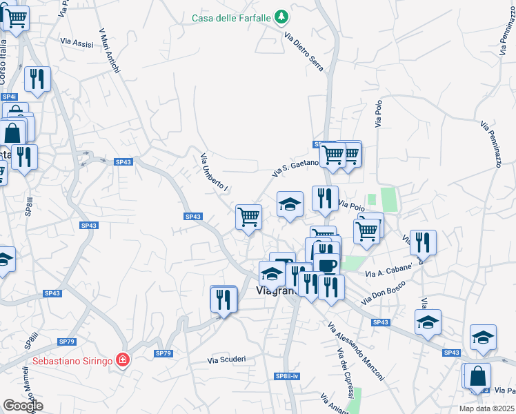 map of restaurants, bars, coffee shops, grocery stores, and more near 67 Via San Gaetano in Viagrande