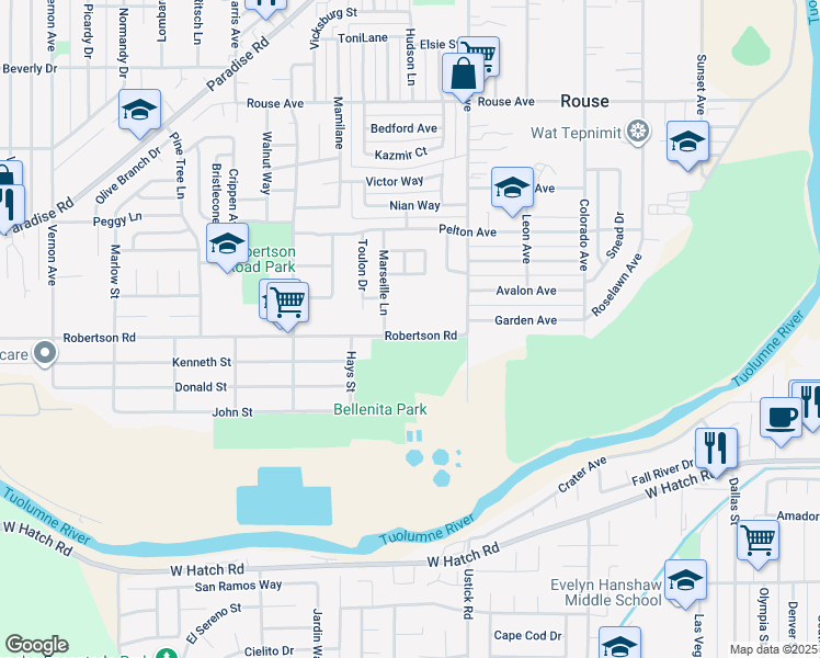 map of restaurants, bars, coffee shops, grocery stores, and more near 43 Robertson Road in Modesto