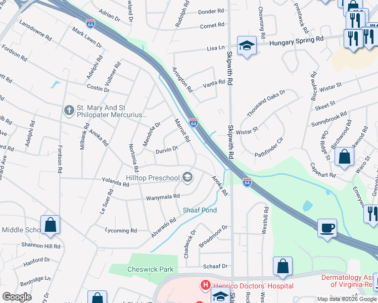 map of restaurants, bars, coffee shops, grocery stores, and more near 2021 Marroit Road in Richmond