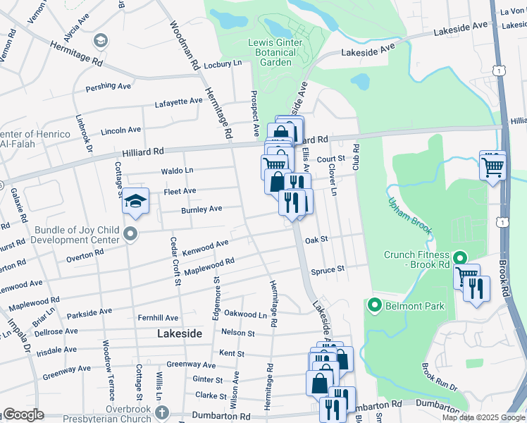 map of restaurants, bars, coffee shops, grocery stores, and more near 2106 Ingleside Avenue in Richmond