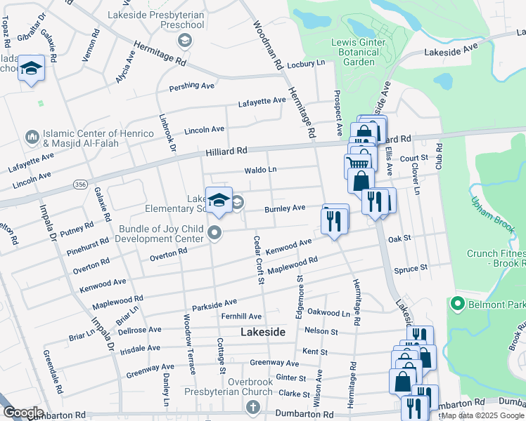 map of restaurants, bars, coffee shops, grocery stores, and more near 2505 Burnley Avenue in Henrico