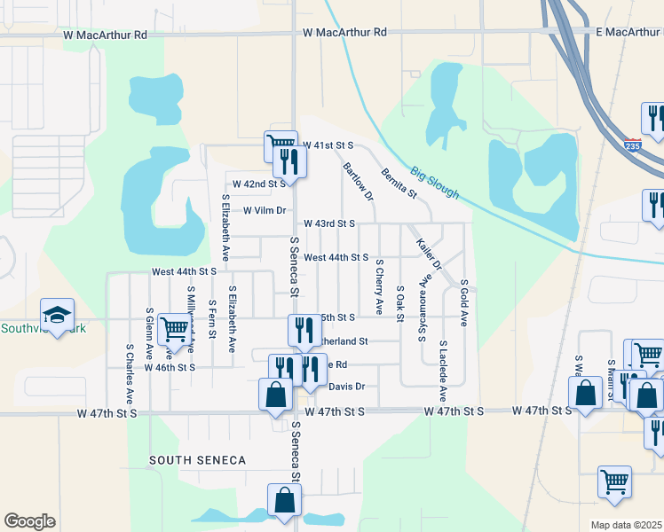 map of restaurants, bars, coffee shops, grocery stores, and more near 818 West 44th Street South in Wichita