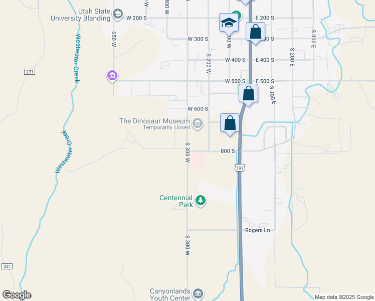 map of restaurants, bars, coffee shops, grocery stores, and more near 600-792 South 300 West in Blanding