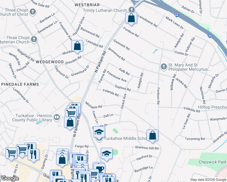 map of restaurants, bars, coffee shops, grocery stores, and more near 8413 Gaylord Road in Richmond